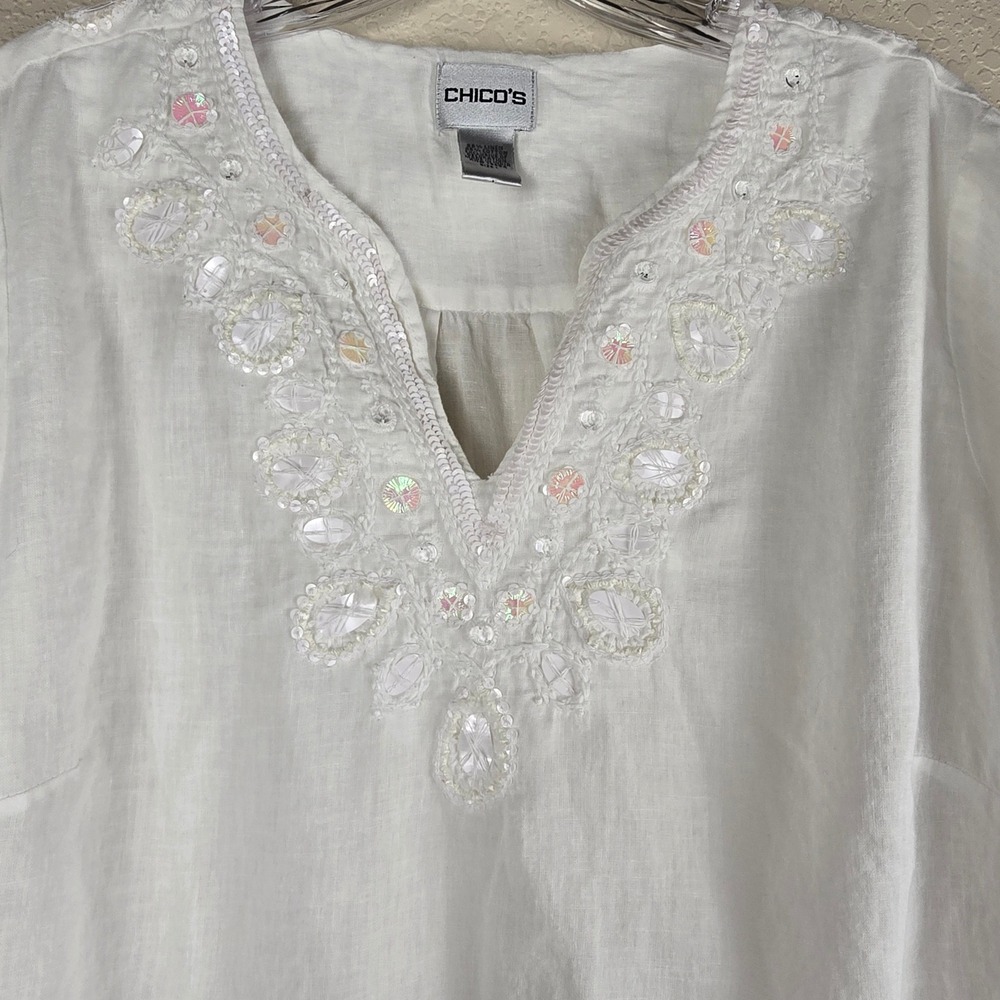 Chico's Size 1 White Linen Cotton Blend Embellished Tunic Top Sequin V-Neck - Picture 2 of 6